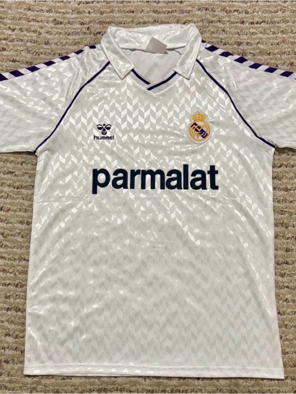 Real Madrid Hummel White Jersey with Purple Trim and Parmalat Print